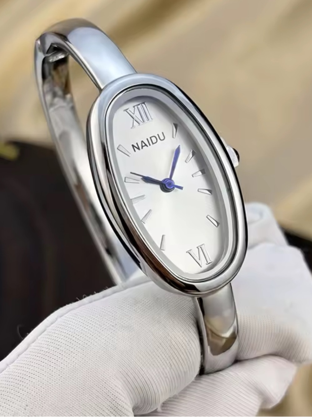 NAIDU Silver Oval Bangle Watch for Women